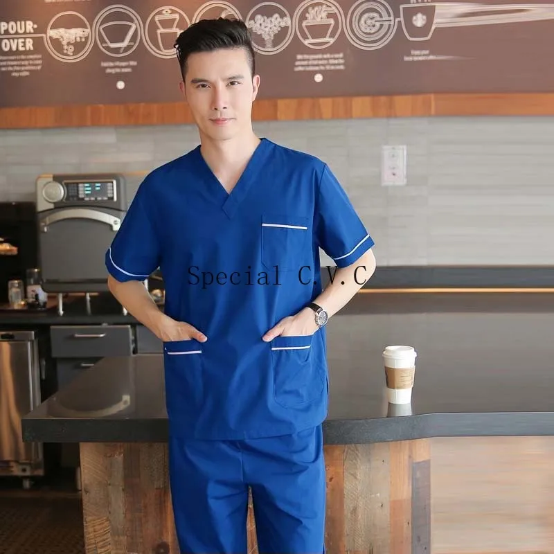 Men's Scrubs Set Pure Cotton Doctor Uniforms Classic V-neck Short Sleeve Shirt with Side Vent + Elastic Waistline Pants