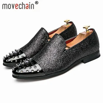 

movechain Man Slip-On Rivets Glitter Loafers Mens Leather Comfortable Driving Party Flats Men's Moccasins Oxfords Casual Shoes