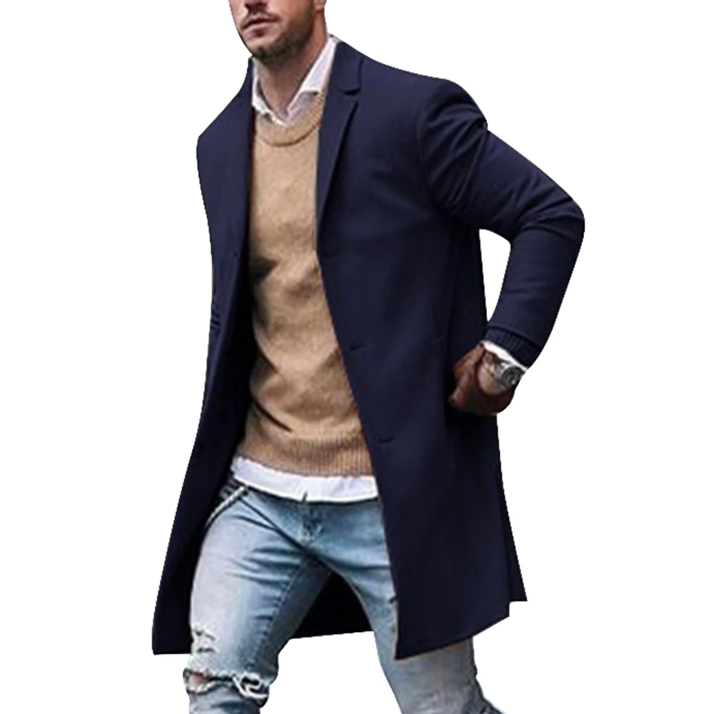 Solid Business Casual Woolen Trench Coats Male Medium Slim Collar Leisure Button Jackets Autumn Winter Fashion Tops Streetwear - Цвет: navy