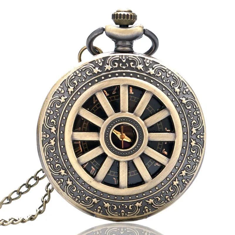 

Vintage Bronze Horse Wheel Black Gold Men's and Women's Pocket Watch Pendant Chain