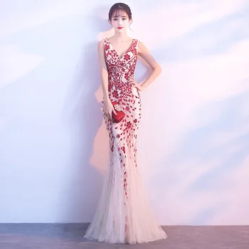 

New Elegant Sequins Long Evening Dresses Female 2019 Banquet Host Long Mermaid Ladies Party Dress Formal Dresses Evening Gown