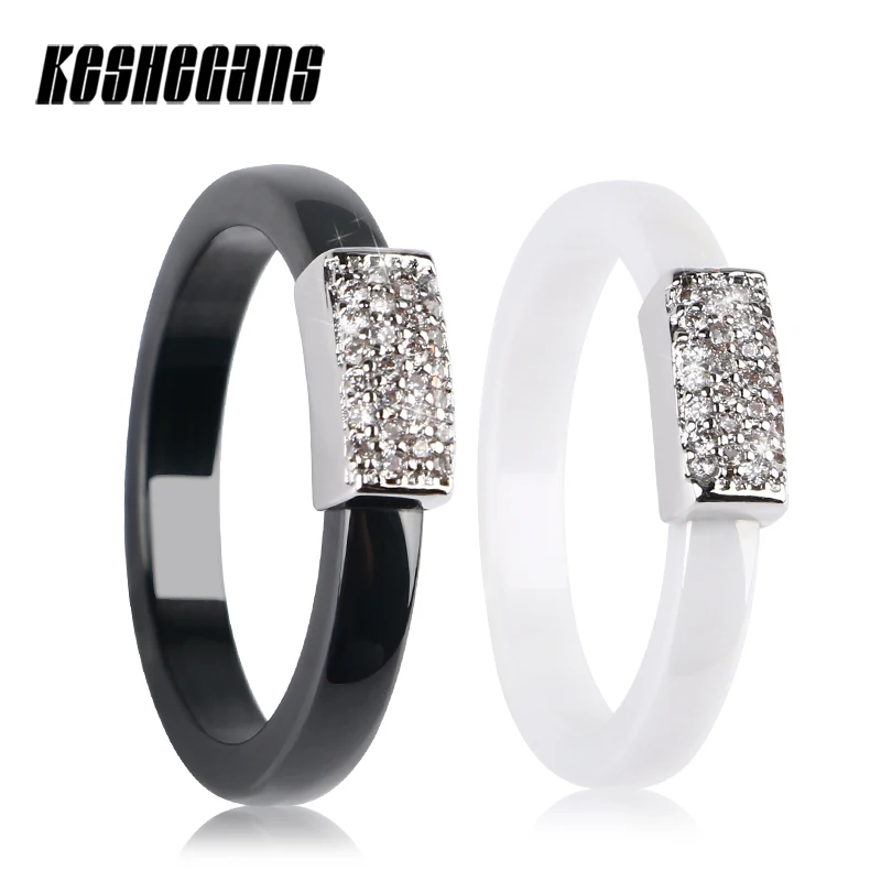 

2018 New 3mm Black White Ceramic Ring for Women Bling CZ Stones Silver Elegant Temperament Wedding Band Female Jewelry For Lover