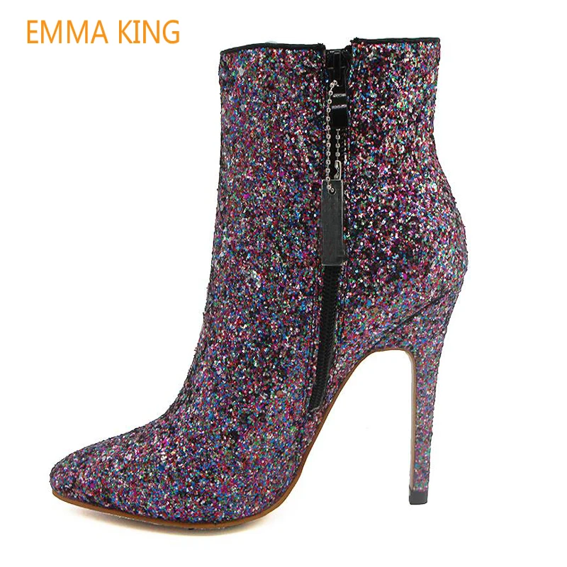 

Autumn Glitter Bling High Heels Ankle Boots Women Shoes Pointed Toe Stiletto Heels Sequin Boots Zipper Short Boots Botines Mujer
