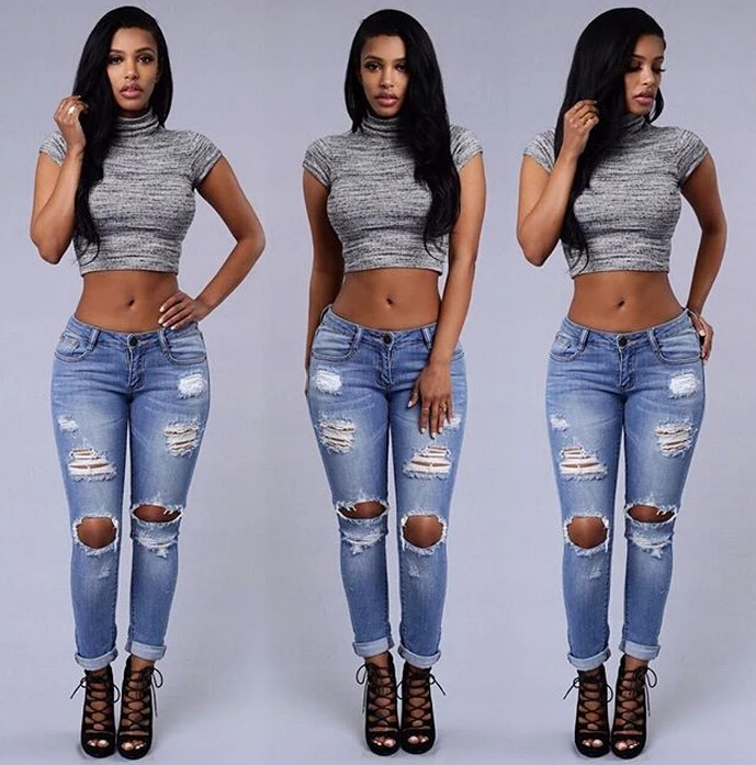

Cotton Hole Jeans - Hot Fashion Ladies Cotton Denim Pants Stretch Womens Bleach Ripped Skinny Jeans Denim Jeans For Female 61008