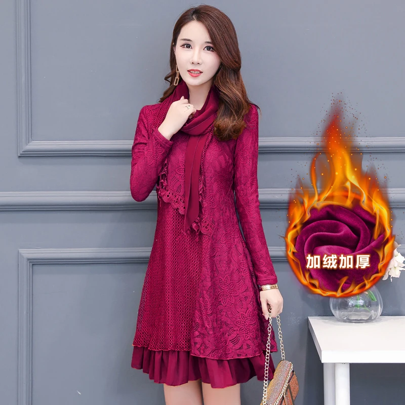 

YICIYA Plus size M-4XL 5XL velvet dress women mini party lace dresses long sleeve winter 2019 spring red black clothes large