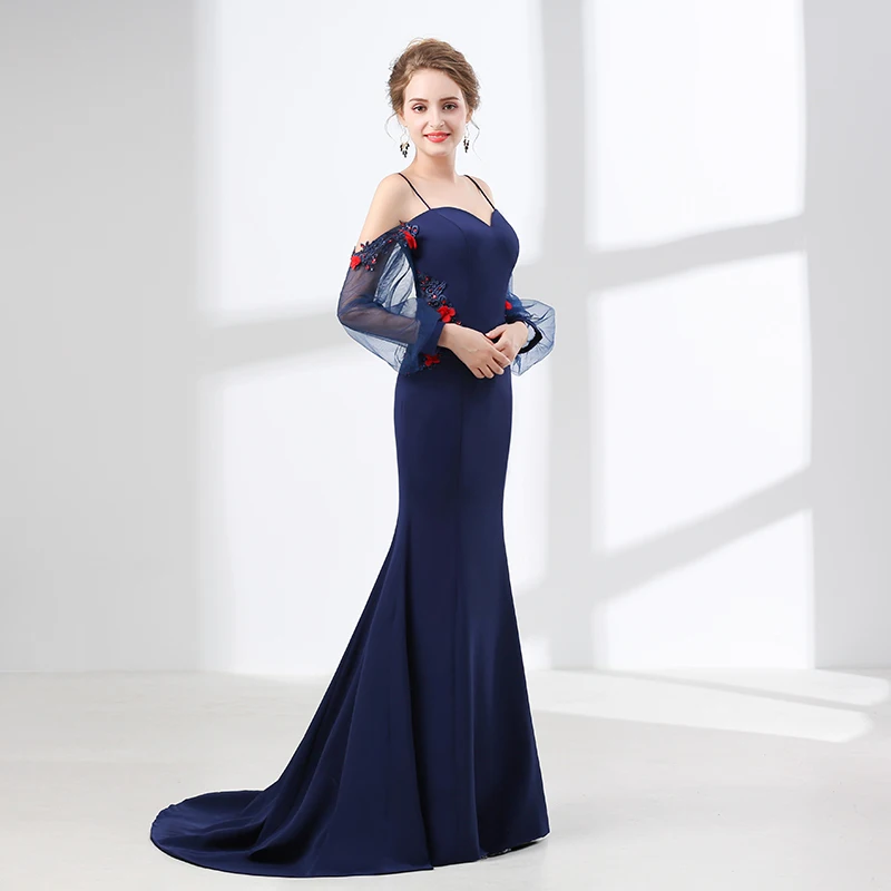 Forevergracedress elegante azul marino vestidos 2019 sirena mangas largas formal vestidos fiesta de talla grande de|Vestidos noche| - AliExpress