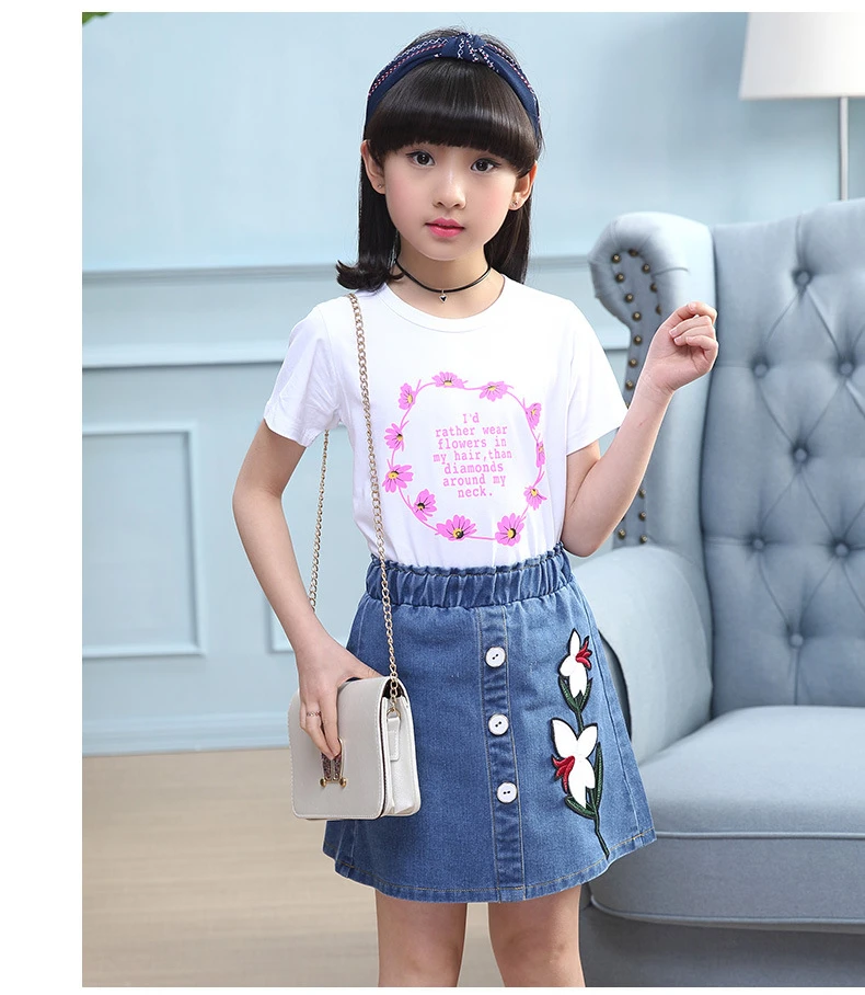 3-12 y girls summer outfits 2018 kids girls clothes set short sleeve floral t-shirt jeans skirt girl sets 12 year  (2)