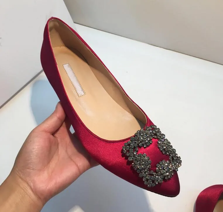 

women brand shoes mb flat wedding shoes Flat sole pointed women's single shoes square buckle drill women's shoes red silk flat