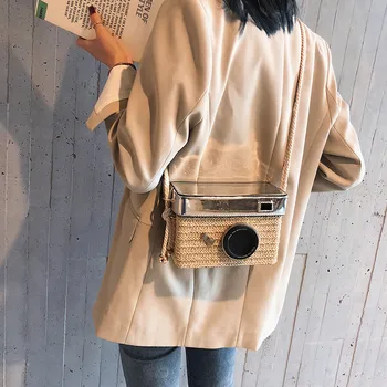 

Straw Bucket Bag Small Flap Square Bag Women Beach Camera Model Square Messenger Bag Bohemian Handmade Bolsa#G30