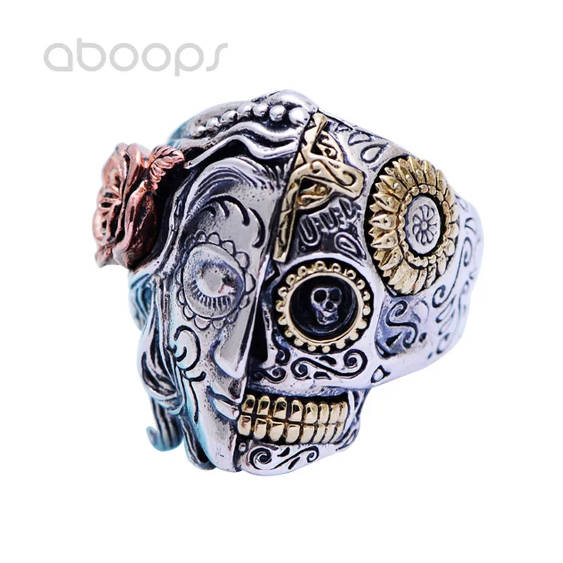 

Three Tone Punk 925 Sterling Silver Angels and Demons Skull Ring Jewelry for Men Free Shipping