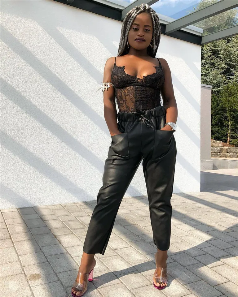 black leather tie up pants