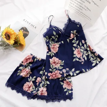 

Women Sleep Lounge Pajamas Sets Sexy Satin Sleepwear Spring Summer Flower Pajamas For Women Soft Chest Padded Sleepwear Sets