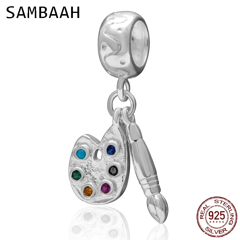

Sambaah Dangle Palette and Paint Brush Pendant with Colorful CZ Stone 925 Sterling Silver Beads fit Pandora DIY Bracelet SS3414