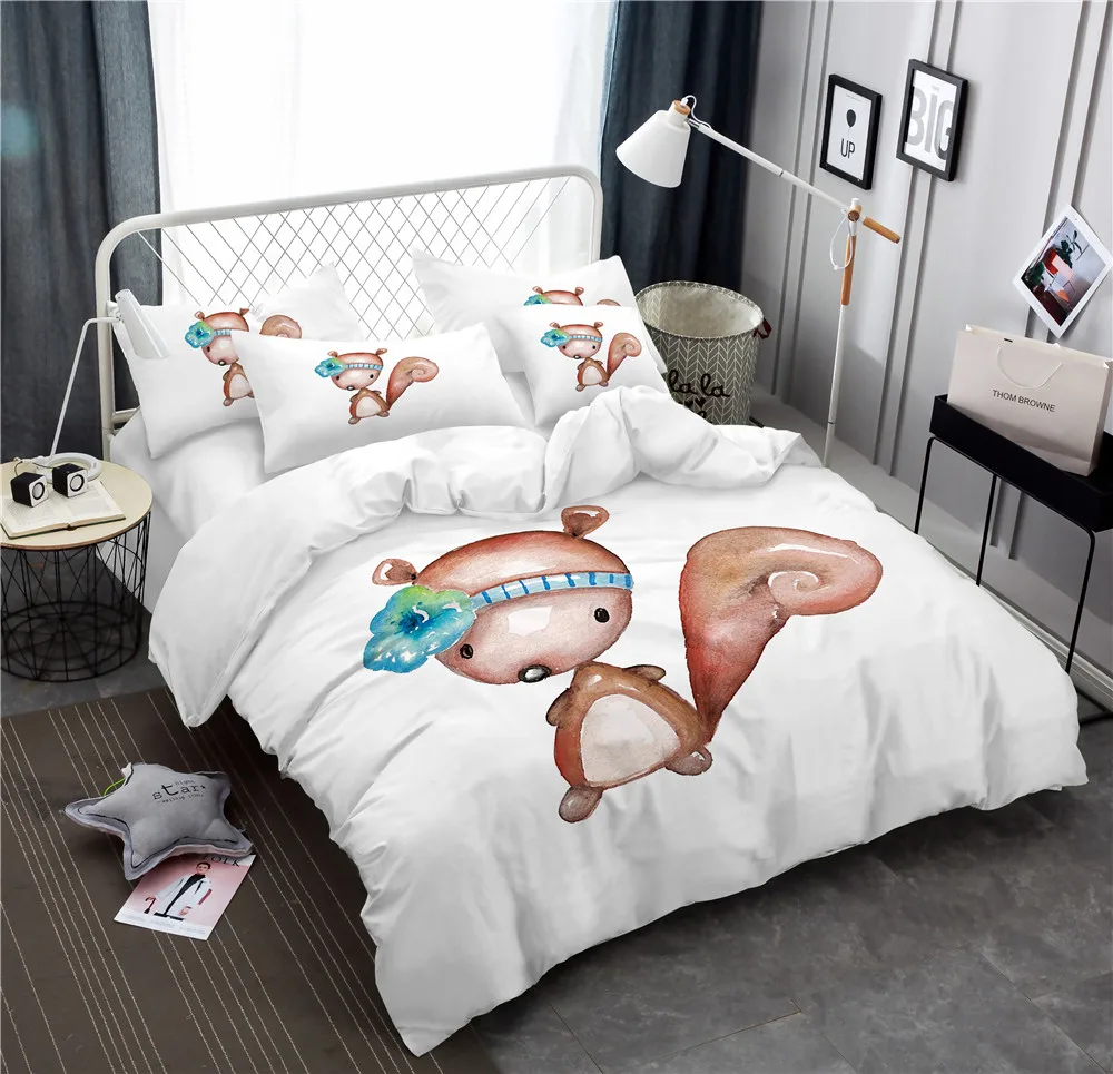 Cartoon Squirrel Print Bedding Set Cute Animal Duvet Cover Blue Flower Bed Kids Bedclothes Pillowcase Home Decor | Дом и сад