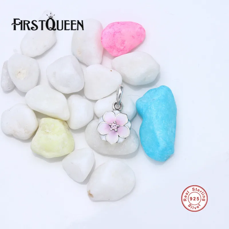 FirstQueen Настоящее серебро 925 проба цветение магнолии, бледно-вишневая эмаль и Розовый CZ браслеты с набором подвесок и ожерелья ювелирные изделия E