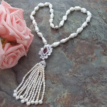 

Hand knotted fancy natural white freshwater cultured pearl sweater chain necklace tassel pendant fashion jewelry
