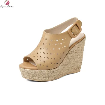 

Original Intentionn Women Sandals Real Leather Platform Peep Toe Wedges Sandals Nude White Shoes Woman Fashion Size 4-8.5