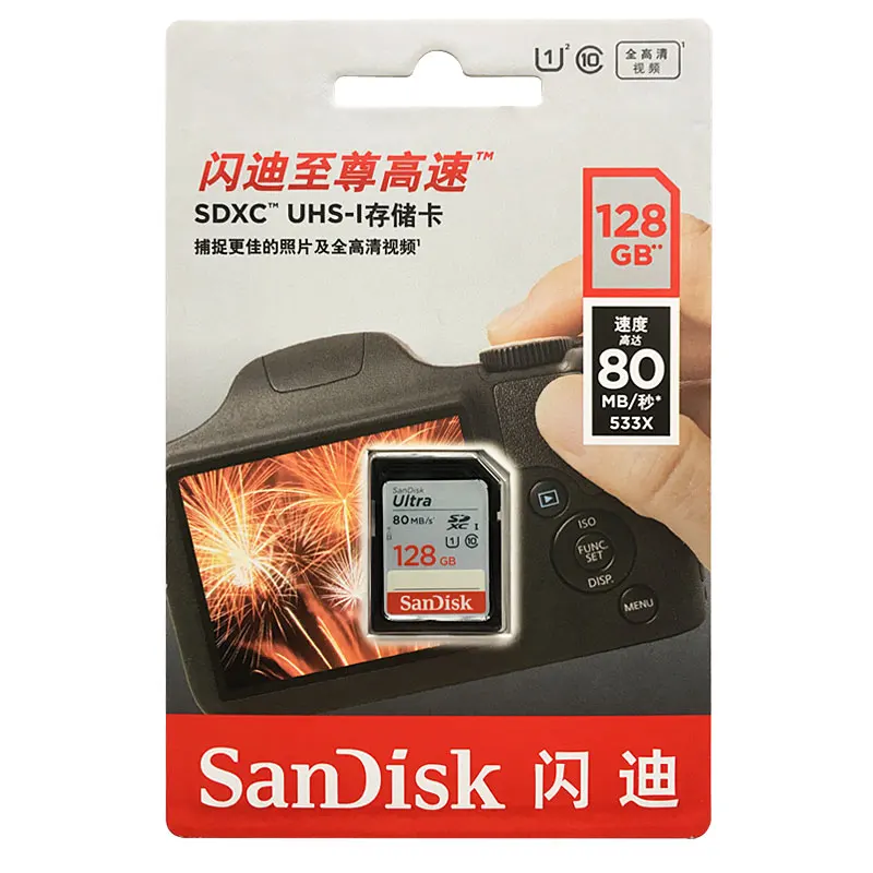 SanDisk SD карта 16 Гб оперативной памяти, 32 Гб встроенной памяти, 64 ГБ 128 ГБ 256 Гб карта памяти 80 МБ/с. U1 170 МБ/с. U3 V30 4 K для цифровой зеркальной камеры Canon Nikon SLR Камера съемки видео в формате 4 K