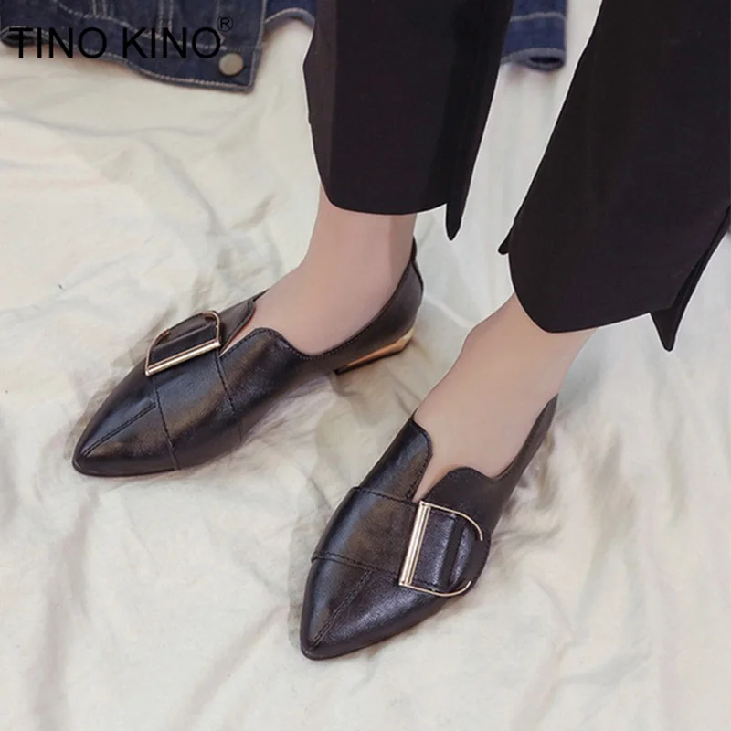 

TINO KINO Autumn Women Pointed Toe Metal Pumps Low Heels Oxfords Fashion Slip On Ladies Casual Comfort Female Shoes 2019 New