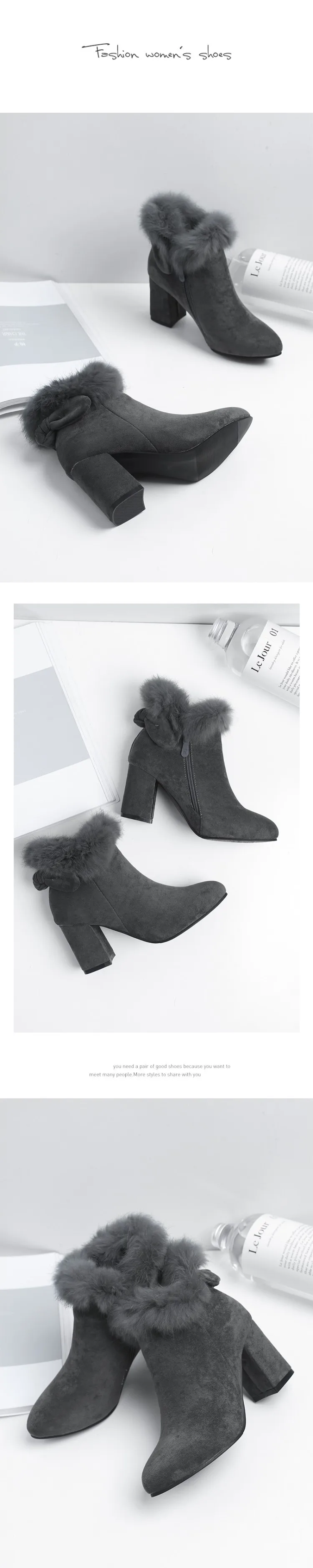 Womens Pointed Toe Booties Shoes Korean Bow Thick High Heel Large Size Fashion Ankle Boots Black Khaki Grey2