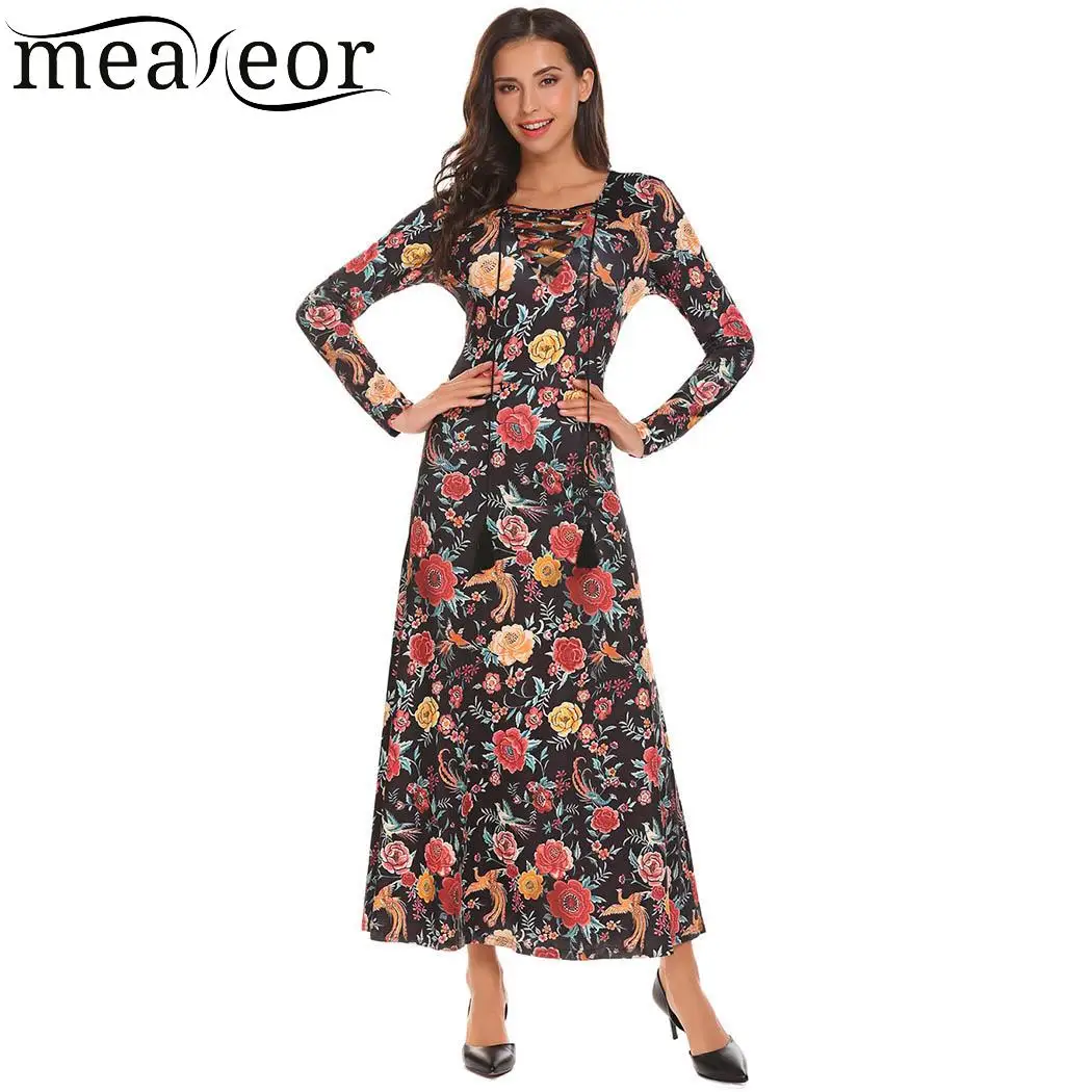meaneor Loose Fashion V-Neck Long Sleeve Floral Women Maxi Dress | Женская одежда