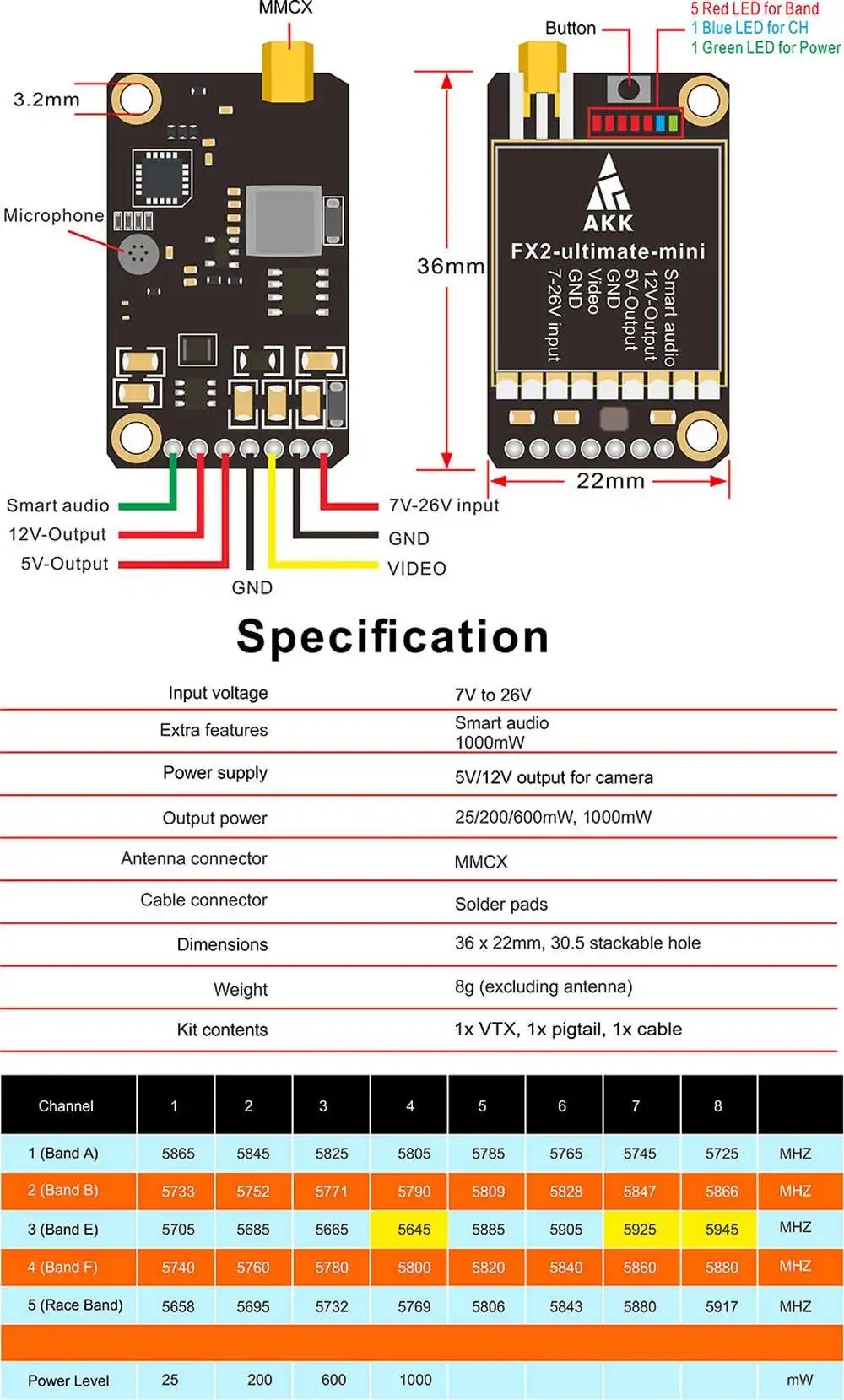 AKK FX2 Mini International 5,8 GHz 40CH 25 mW/200 mW/600 mW/1000 mW переключаемый передатчик FPV Для беспилотного квадрокоптера с радиатором