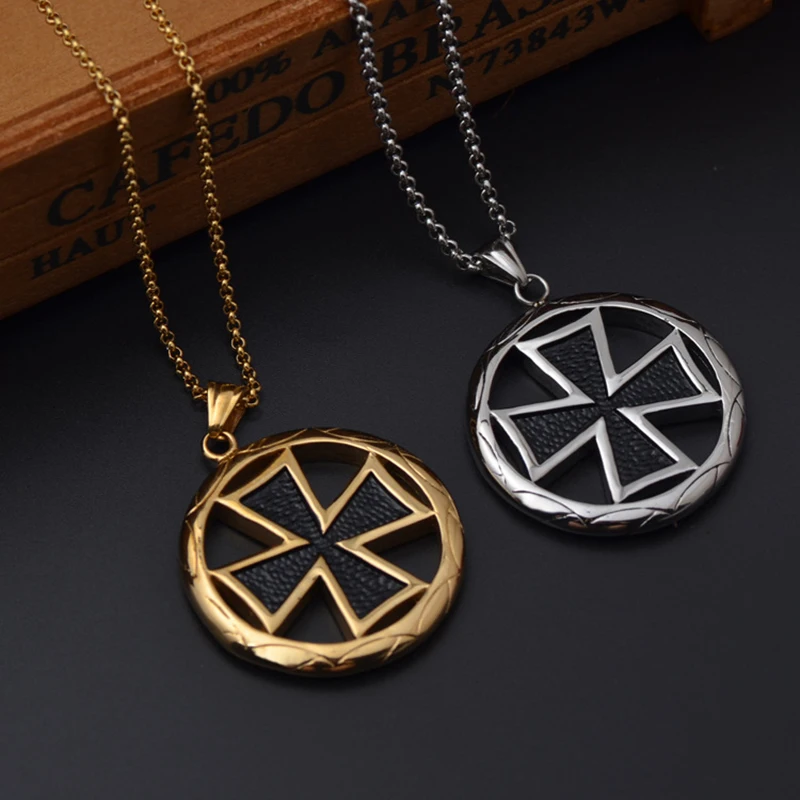 

Vintage Cross Stainless Steel Chain Knights Templar Round Medal Necklaces Pendants For Men Women Jewelry