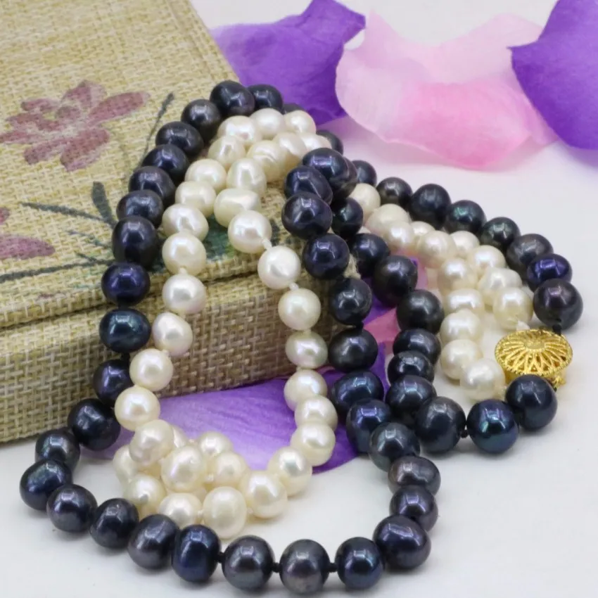Из натурального пресноводного 7-8 мм жемчуг 2 ряда ожерелье для женщины себе цепи свадебные подарки ювелирные изделия 17-18 дюймов B3240