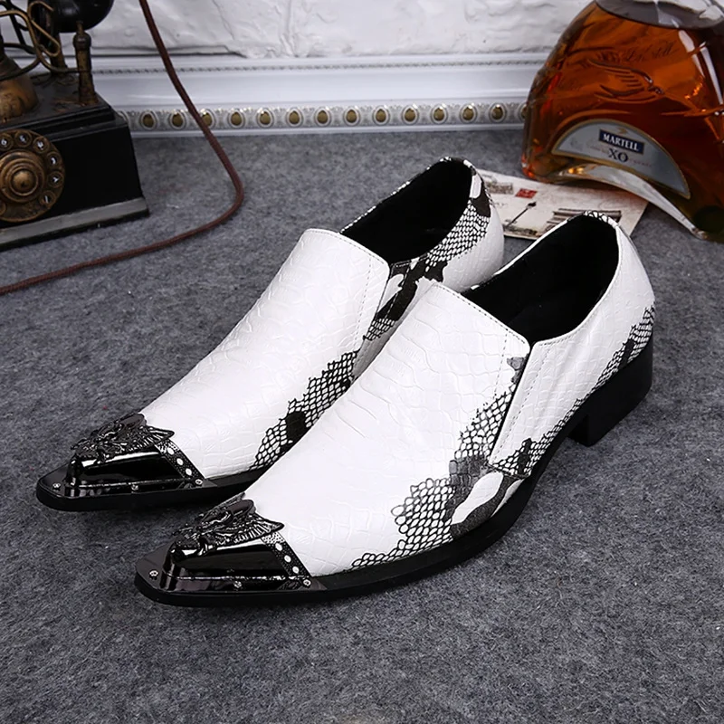 Akamatsu White Slip on Oxford Shoes for Men Snakeskin Print Mens
