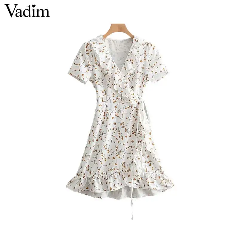 Vadim милый женский цветочный ruffled wrap dress V шеи крест дизайн с коротким рукавом