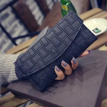 

High Quality Elegant Womens' PU Leather Long Wallet With Plaid Pattern and Hasp Beautiful Ladies Purse ST0177 BLACK
