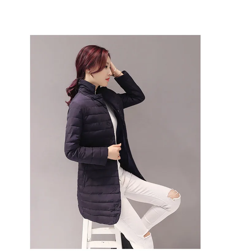 Новинка Осень-зима, модный светильник, хлопковый женский длинный тонкий хлопковый корейский однотонный пуховик с стоячим воротником, хлопковая куртка