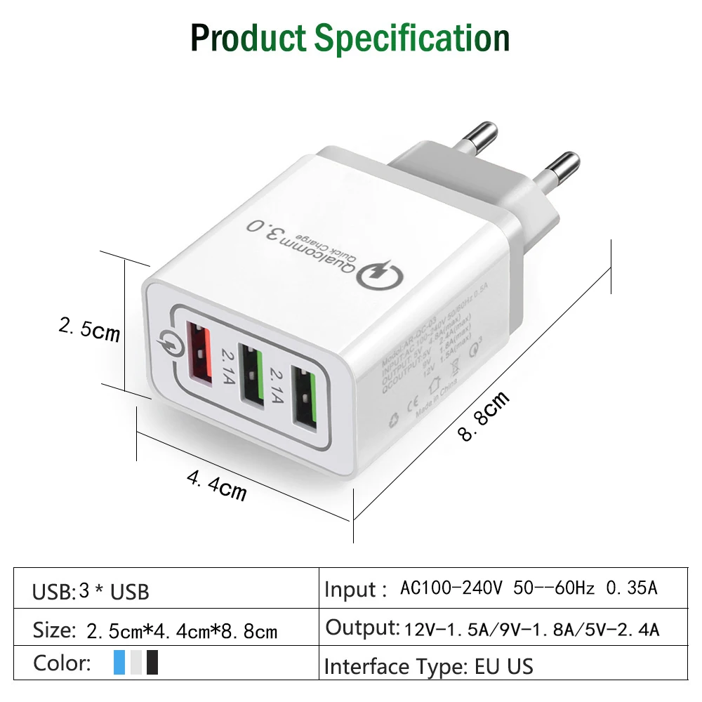 Настенное зарядное устройство адаптер с 3 портами Быстрая зарядка 3,0 Micro USB быстрая синхронизация данных Кабель зарядного устройства для samsung Xiaomi huawei ipad USB зарядное устройство