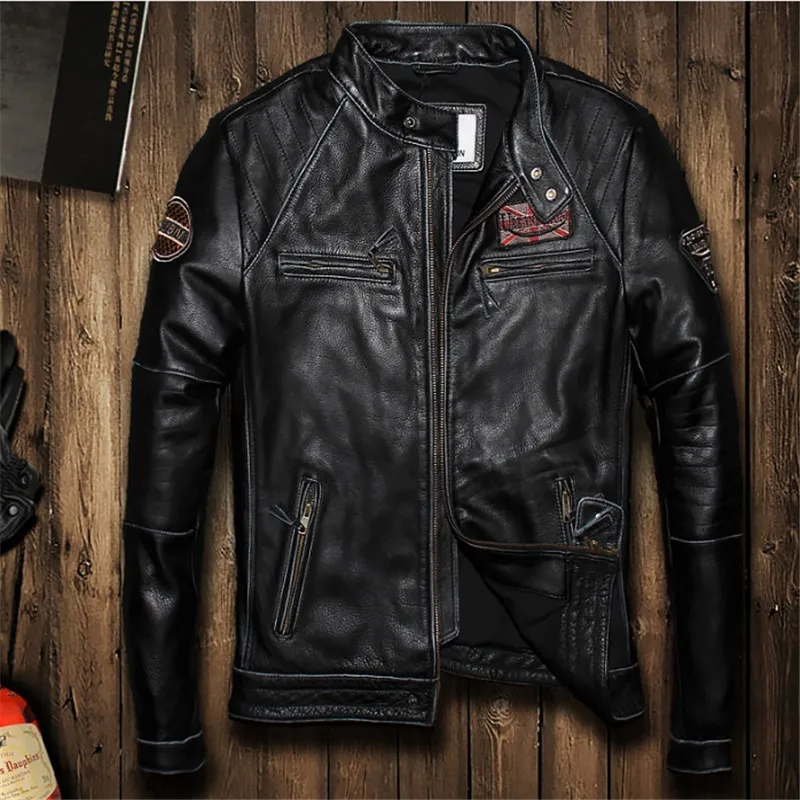 

Spring Male Male Short Leather Biker Coats Vintage Black Motorcycle Genuine Leather Jacket Slim Fit Real Thick Cowhide Coat