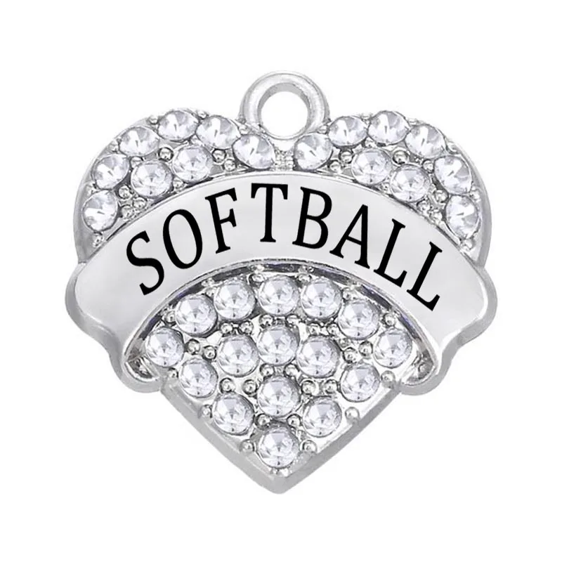 DOUBLE NOSE Rhodium Finish Clear Crystal Softball Pave Heart Charm Softball Player Jewelry