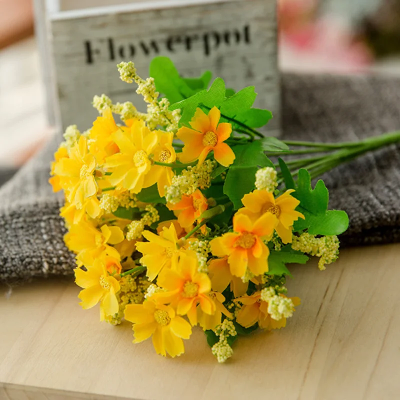 7 branch 1 Bouquet 28 heads cute silk daisy artificial decorative flower wedding flower bouquet home room table decoration - Color: yellow