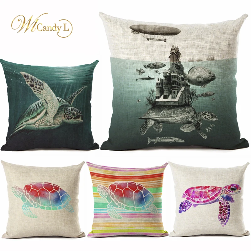 

WL Candy L Colored Drawing Sea turtles Cushion Cover Sofa Decor Car Seat Home Decoration 45*45cm Beige Linen Cotton Throw Pillow