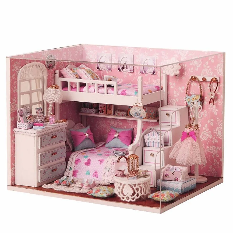 

JIMITU Wood Cuteroom DIY Dollhouse Kit Miniature Dust Cover with Furniture Doll House Room Angel Dream Toys For Children Kids