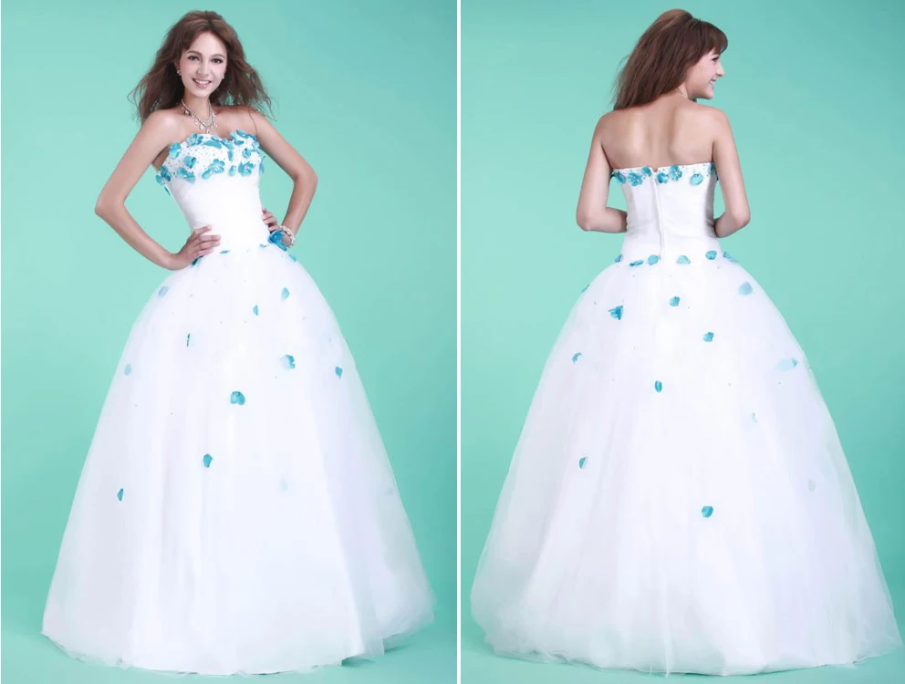white wedding dress with blue flowers