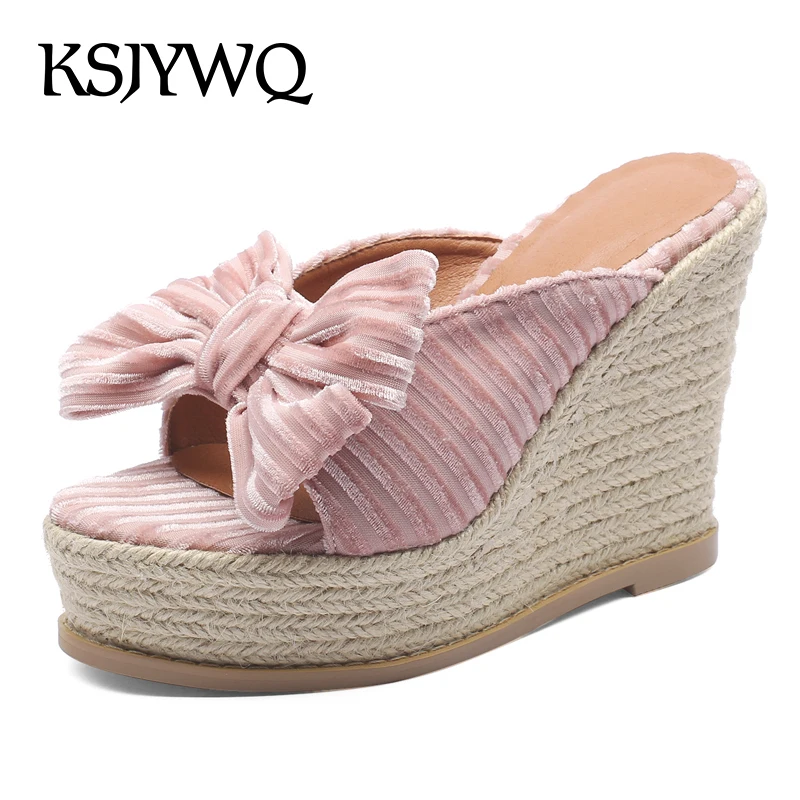 

KSJYWQ Open-toe Women Slippers 11 CM High Heel Wedges Summer Style Sheep Leather Mules Sexy Ladies Party Shoes Box packing 119
