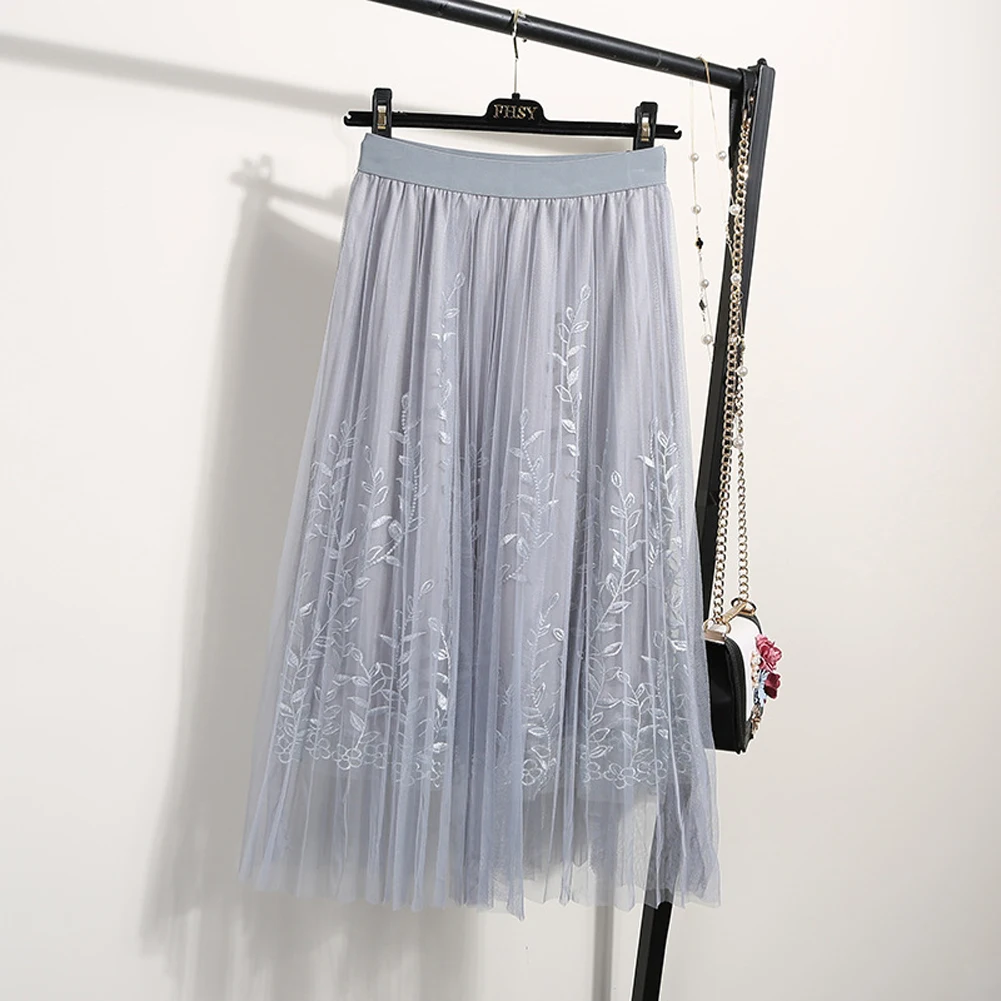 Buy Women Long Skirt Elastic Waist Floral Embroidery