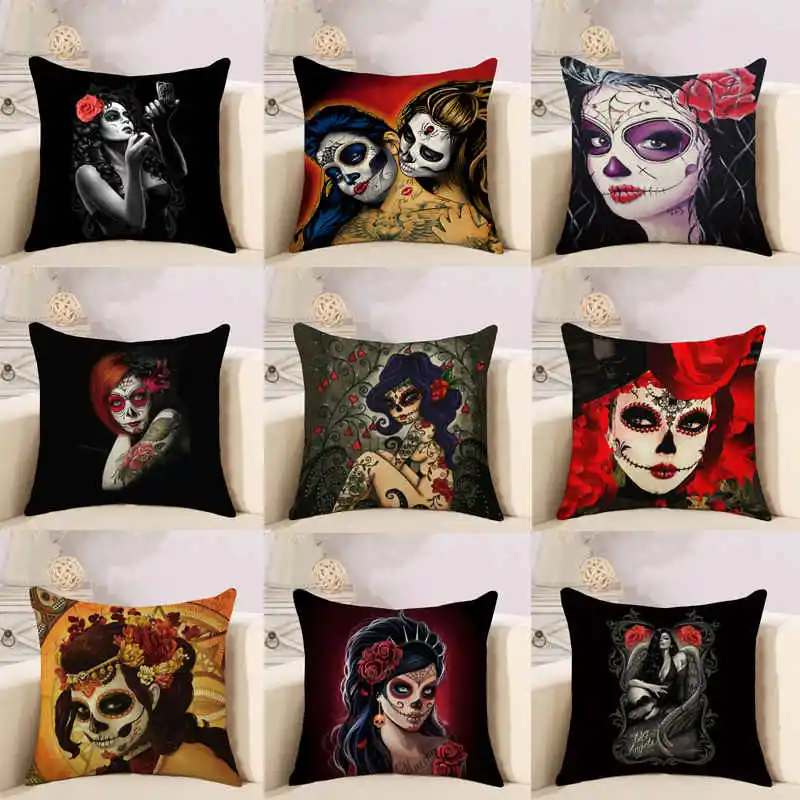 

Throw Pillowcase Halloween Beauty Skull Linen Cushion Cover