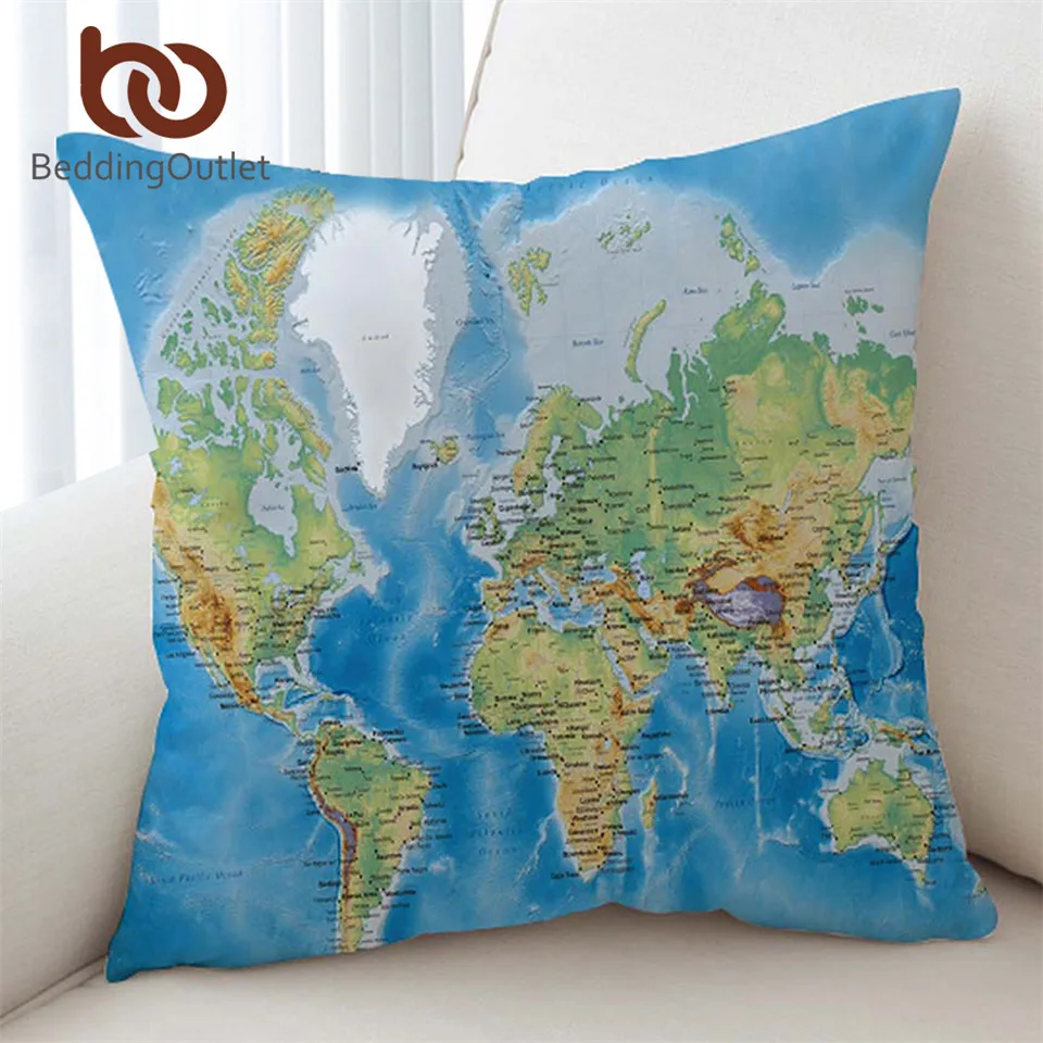 

BeddingOutlet World's Map Vivid Printed Cushion Cover Blue Pillow Case Microfiber Soft Throw Cover For Young People 2 Sizes