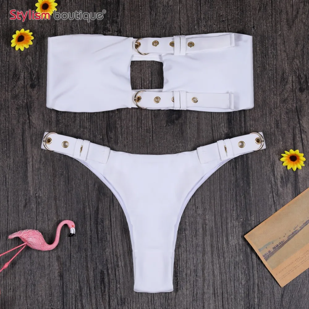 Bandeau White Bikini Bandage Padded Sexy Swimsuit Belt Women Swimwear High Cut Bathing Suit