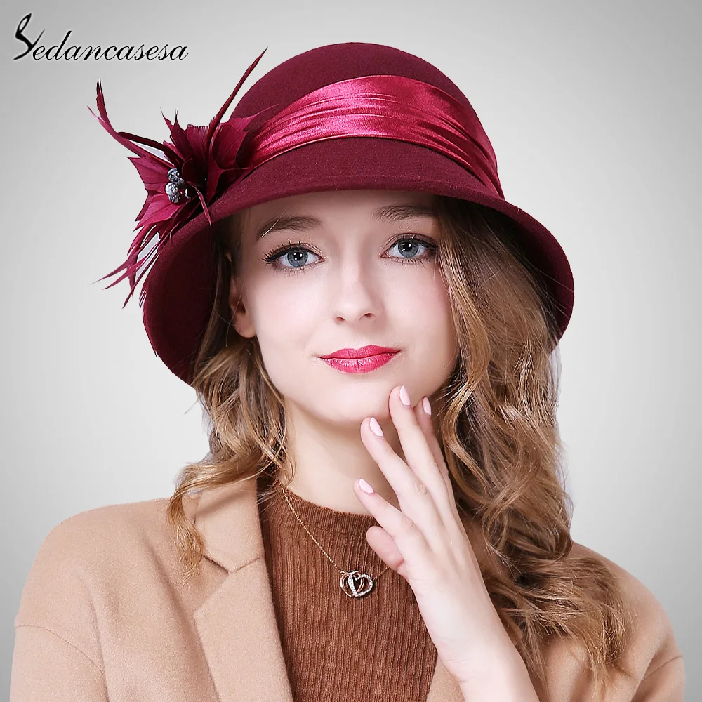 Sedancasesa Autumn Winter Female Cloche hat Handmade Feather European