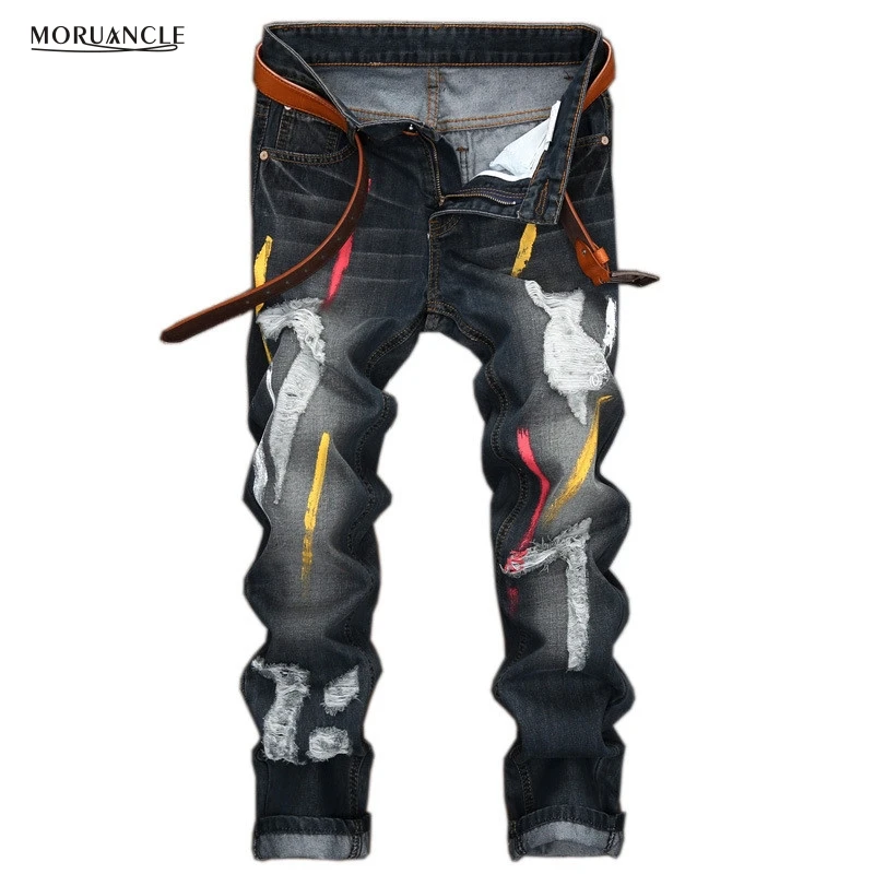 MORUANCLE Fashion Men Ripped Print Jeans Pants Brand Designer Slim Fit Distressed Painted Denim Trousers Destroyed