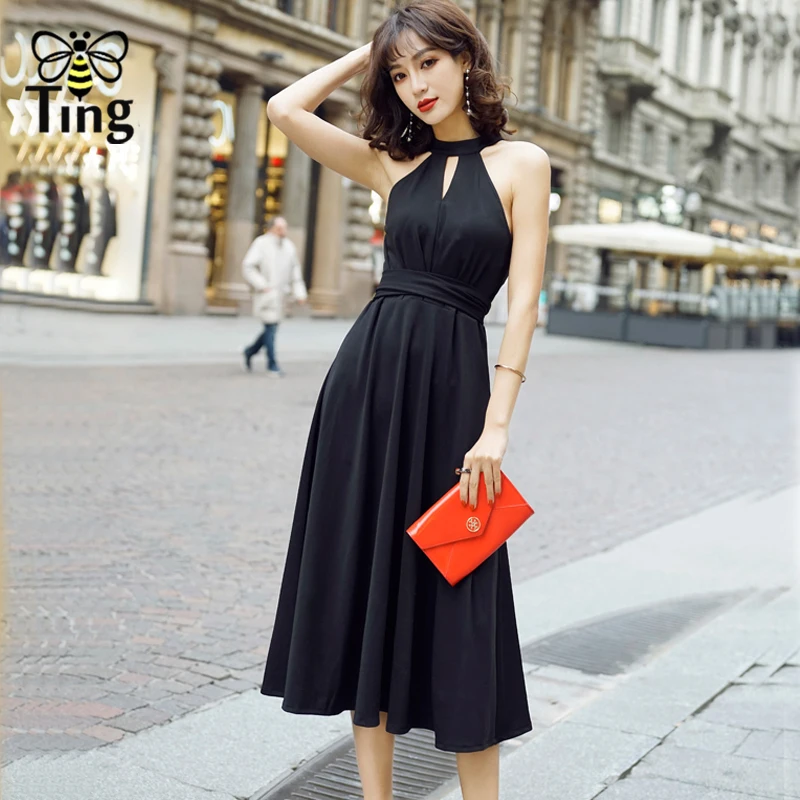Tingfly Vintage Stylish Halter Hollow out Midi Vestidos De Festa Black Dress Wedding Party Women's Sexy Dresses Summer 2018