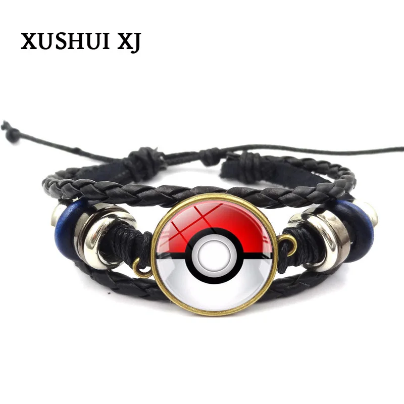 

XUSHUI XJ Pokemon Pikachu Weave Charm Bracelet Vintage Anime Jewelry Multi-layer Black Leather Bracelet Women Men Gifts