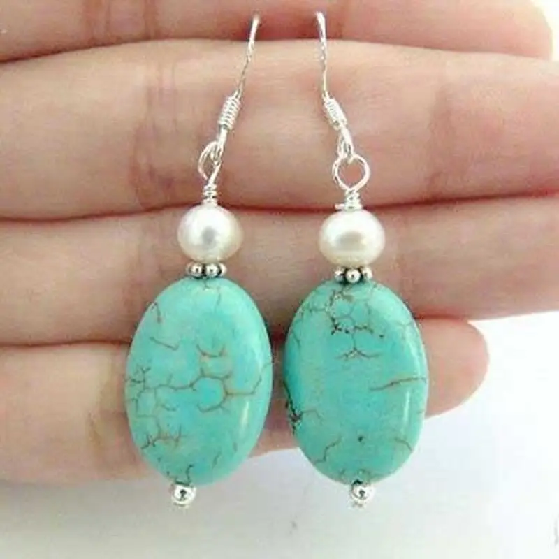 

Hot sell Noble- Wholesale price 16new ^^^^Pure Sterling Silver 13x18mm Turquoise & Pearl Earrings