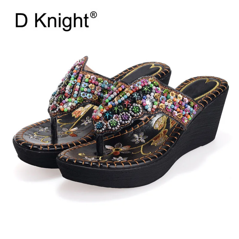 New Women's Ethnic Embroidery Wedges Slippers Fashion String Beaded